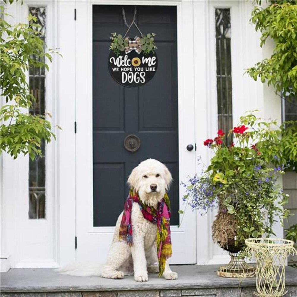 Interchangeable Wooden Seasonal Welcome Sign, Rustic Round Dogs Sign - Picture 7 of 8